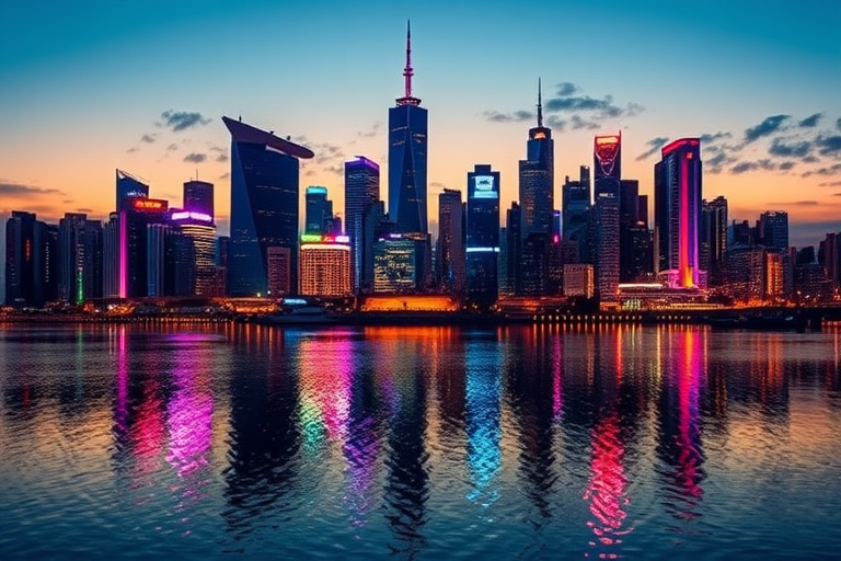 create a vibrant futuristic city skyline at dusk with colorful lights reflecting on water, camera settings: f/8, 1/60s, ISO 200, camera view: wide-angle, camera style: HDR, camera type: DSLR