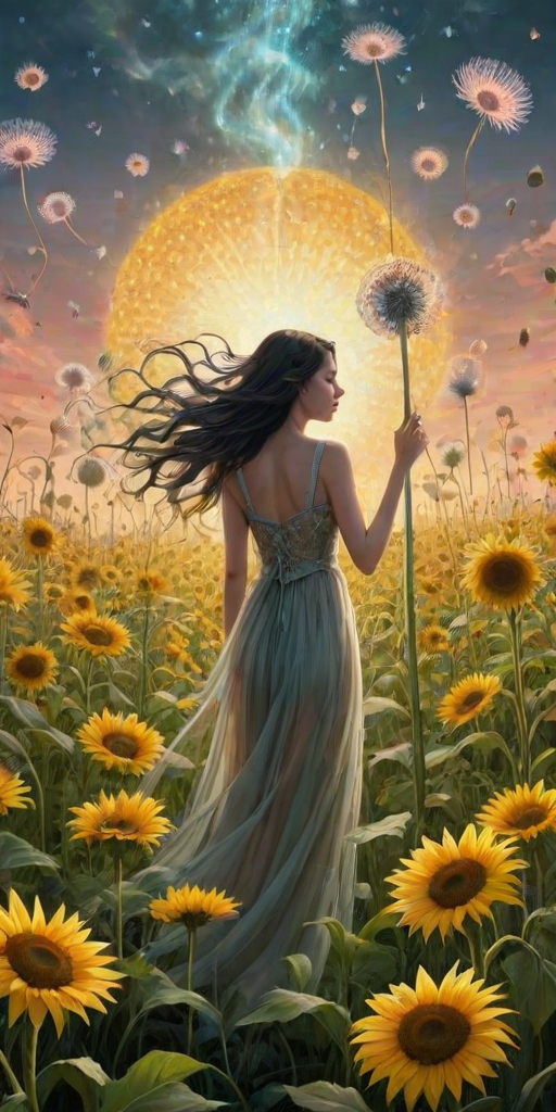 A surreal allegory featuring ethereal fairies, towering sunflowers, and an enigmatic witch, all set within a dreamlike landscape. The scene is dominated by a colossal dandelion, its delicate seeds floating through the air, reminiscent of Yves Tanguy's abstract forms. The environment is a blend of otherworldly elements and natural beauty, with twisted, elongated shapes and surreal colors that evoke a sense of mystery and enchantment.