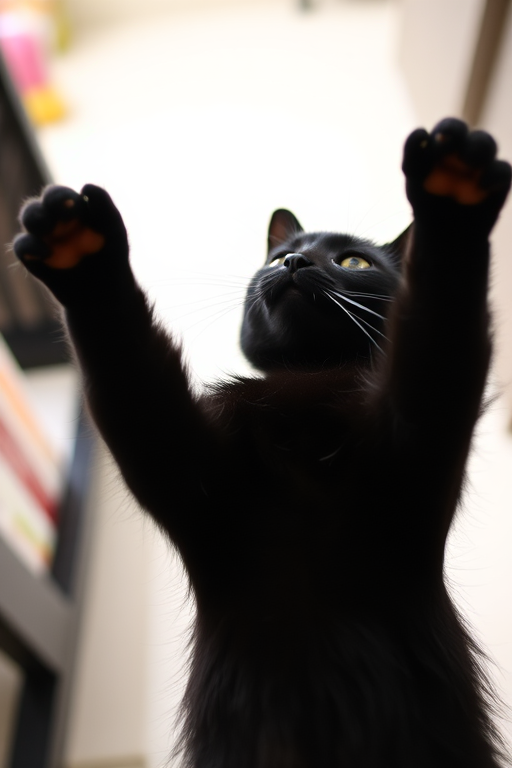 Capture a low-angle shot of a black cat reaching upward with its paws, using a DSLR camera with a 50mm lens, aperture f/2.8, ISO 100, and soft natural lighting for enhanced image quality.