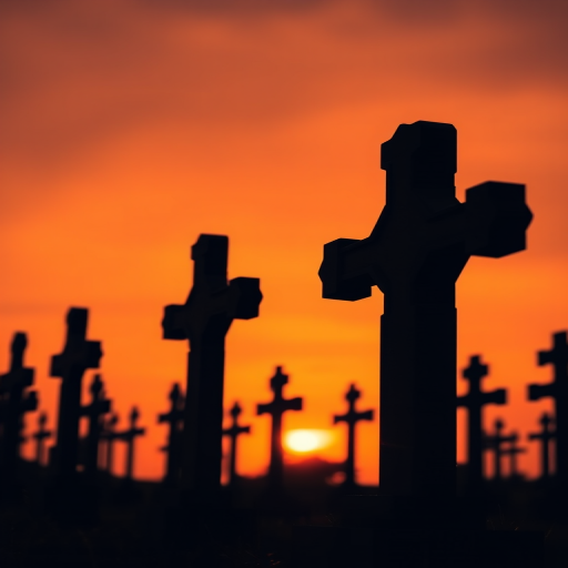Silhouette of crosses in a graveyard at sunset, orange sky, soft focus, ISO 100, f/8, 1/100 sec, shot from a low angle with a DSLR camera, wide-angle lens.