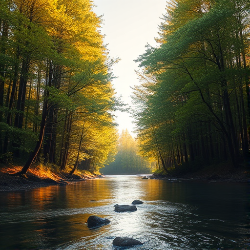 Create an image of a serene, sunlit forest scene with a clear, gently flowing river. Tall trees with lush green foliage line both sides of the river, their leaves bathed in the warm golden light of the setting or rising sun. The sunlight filters through the trees, casting soft, dappled light on the river, which flows over smooth rocks and pebbles, creating a peaceful, natural atmosphere. The sky is bright with a few scattered clouds, and the overall mood is tranquil, evoking a deep sense of connection with nature. The image captures the beauty of a calm, pristine forest landscape at either dawn or dusk.