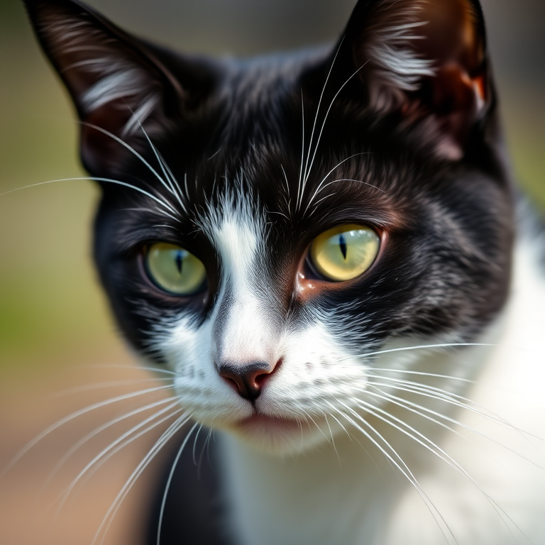 close-up of a black and white cat with striking green eyes, natural light, f/1.8 aperture, 50mm lens, 1/200 sec shutter speed, shallow depth of field, DSLR camera, soft focus background