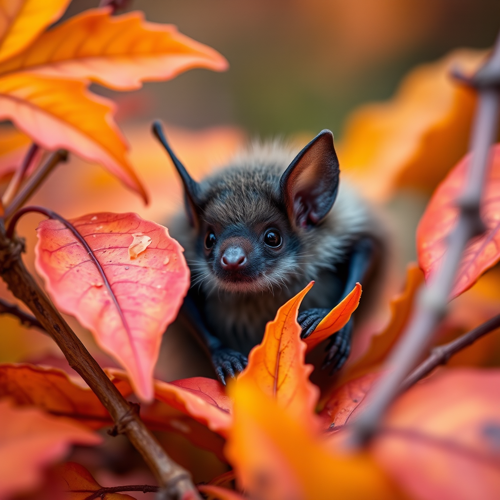 Capture a close-up of a small bat sitting amongst vibrant orange and yellow autumn leaves, using a DSLR camera with a 50mm lens, aperture set to f/1.8 for a shallow depth of field, ISO 200, and a soft focus background to enhance the detail and color contrast.