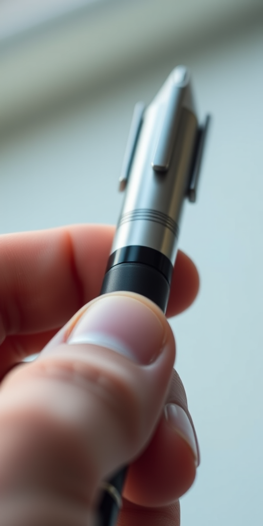 A close-up view of a hand holding a pen, captured with a DSLR camera at f/2.8 aperture, ISO 100, shutter speed 1/200s, natural lighting, high contrast, focus on the pen and hand detail, soft blurred background.