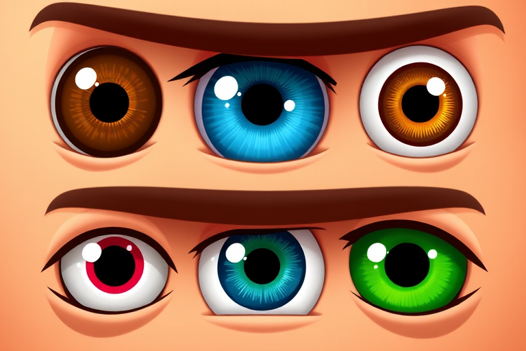 Create a high-resolution digital illustration of six cartoonish eyes arranged vertically, featuring three colorful eyes: one brown, one blue, one green, using a 50mm lens, f/2.8 aperture, ISO 100, on a DSLR camera with a shallow depth of field and soft lighting to enhance the vibrant colors and details.
