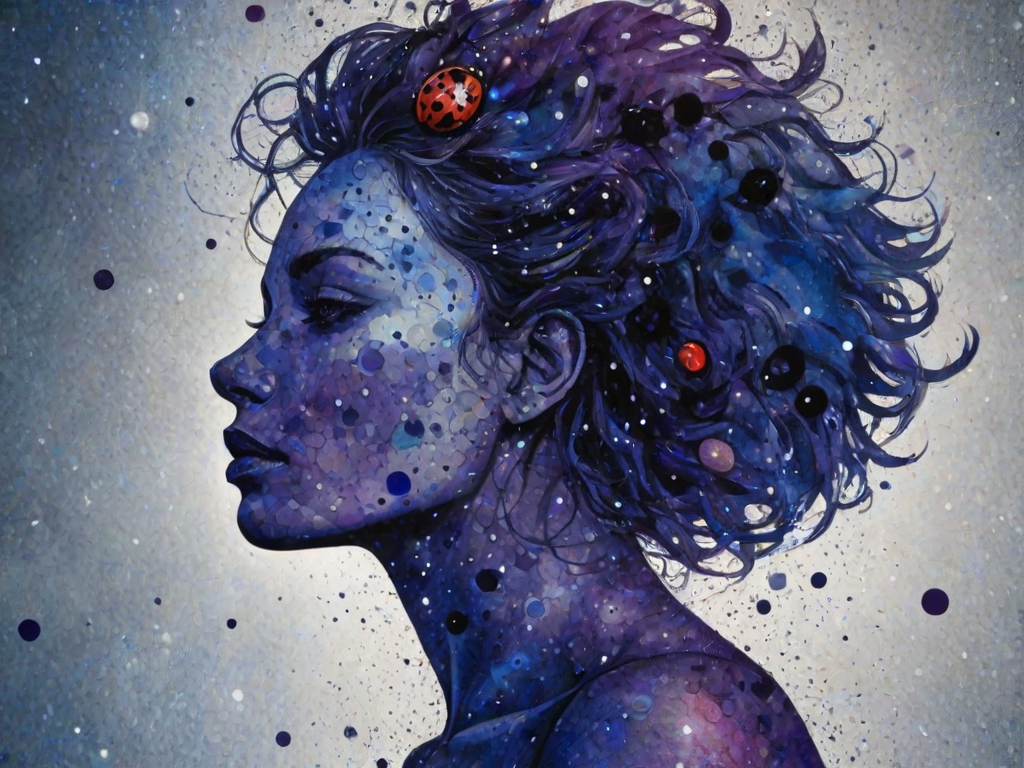 Captivating conceptual render alcohol ink art, double exposure, the paint strokes artfully merge combining a woman's full silhouette with a Ladybug crawl's silhouette. The figures are composed of a series of colored dots, lines & spots that evoke the image of a cosmic galaxy, colors are deep shades of blue purple & black with flashes of white & silver representing distant stars. The woman's silhouette is formed within the lion's silhouette from constellations of scattered stars, surreal