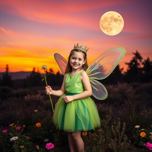 A vivid photo  taken under a bright camera flash of a fantastical scene set against a backdrop of a forest during sunset. The main subject is a girl dressed as a fairy, adorned with translucent wings and a green dress, holding a wand, her face is happy, and she wears a crown on her head. The forest behind her is a blend of flowers, shrubs and trees. The sky is painted in hues of orange and pink, with a large, glowing moon casting a warm glow over the scene. The overall color palette is dominated by earthy tones.