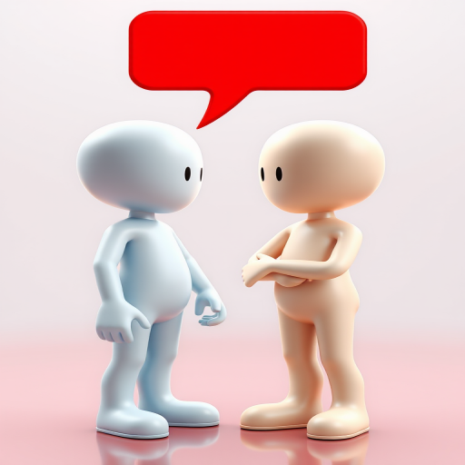 Create a 3D cartoon-style image of two generic humanoid figures standing facing each other, one with a red speech bubble and the other with a blue speech bubble, taken with a DSLR camera at f/2.8 aperture, 50mm lens, ISO 100, 1/200 sec shutter speed, wide-angle view, high-resolution.