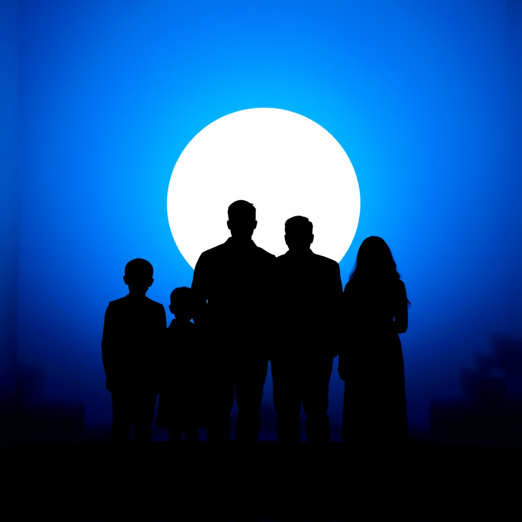 Create a silhouette of a family standing under a blue and white circular backdrop, with a soft focus, using a DSLR camera, f/2.8 aperture, ISO 100, 50mm lens, and natural light for enhanced quality.