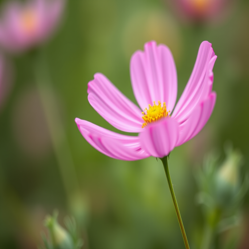 Capture a close-up shot of a pink cosmos flower with a blurred green background, using a DSLR camera with a 50mm f/1.8 lens, aperture set to f/2.8, ISO 100, shutter speed 1/200s, and a soft focus effect.