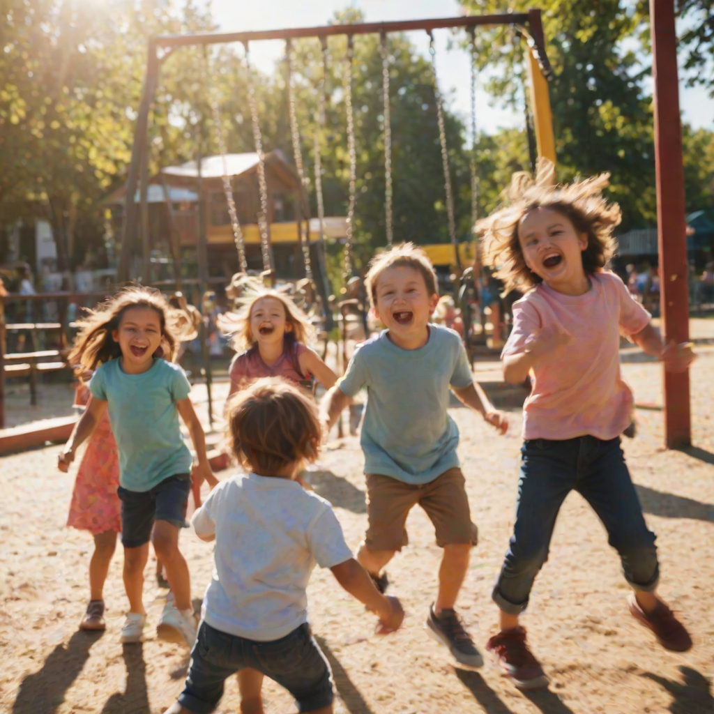 Blurry candid shot of a group of children laughing and playing in a playground, swings in motion, colorful slides gleaming in the sun, and a joyful atmosphere.