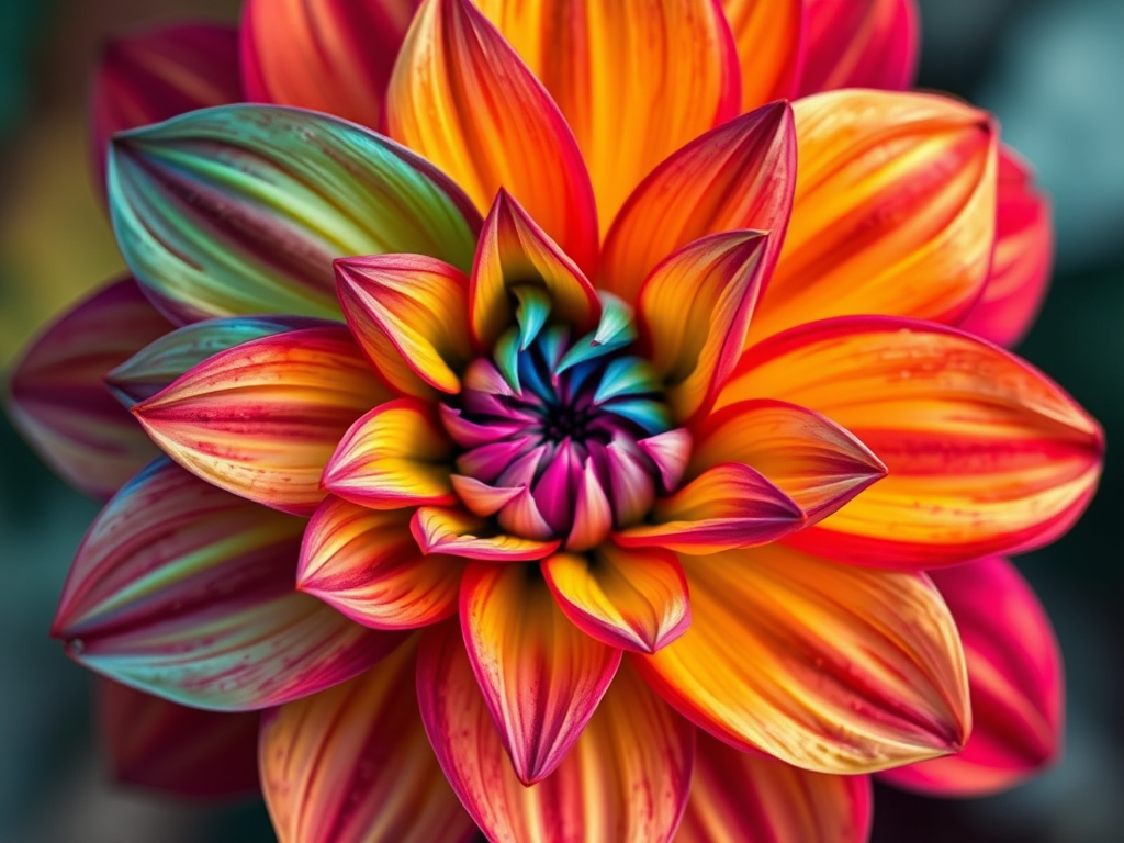 Generate a vibrant abstract flower with swirling petals in multiple colors, using a 50mm lens, f/1.8 aperture, ISO 100, shot in a high dynamic range style from a top-down view with a soft focus background.