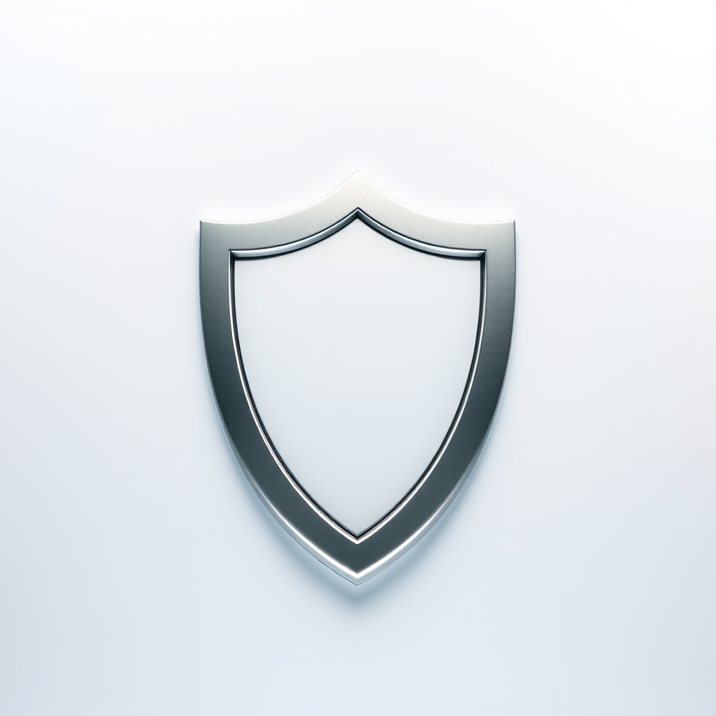 Create a high-resolution digital image of a shield emblem with a smooth, polished surface under even lighting, captured with a Canon EOS 5D Mark IV at f/4, ISO 100, shutter speed 1/200, using a 50mm lens and a slight top-down angle for depth.