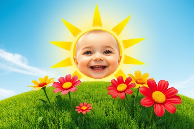 Create an image shows a bright, sun with a smiling baby's face in the center, radiating soft yellow rays. The sun is set against a clear blue sky with a few wispy clouds. Below, there's a lush green grassy hill with colorful, oversized flowers, giving the scene a whimsical, playful atmosphere.