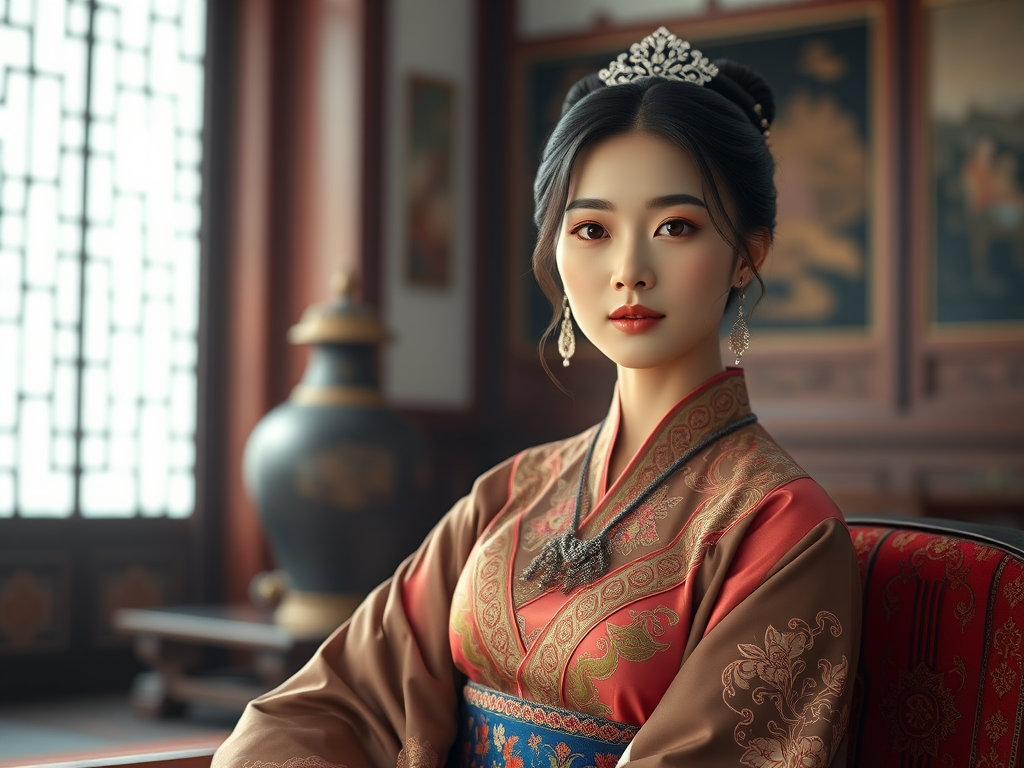 A beautiful Korean woman in traditional East Asian attire, intricately detailed with embroidered patterns, sitting gracefully in a richly decorated room, soft ambient lighting, serene and elegant, ultra-realistic, 8K resolution