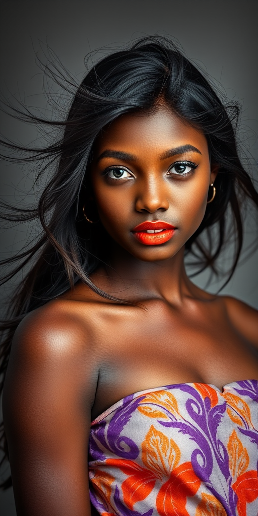 Photographic image of a beautiful young Hausa woman, cyan eyes, lips with orange lipstick, long hair fluttering in the wind and wearing a silk strapless dress with a soft purple and orange print. monochrome image with only color highlights in the iris of the eyes, lipstick and dress. Gray background.