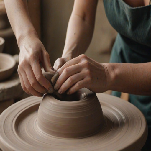Close-up of a woman’s hands sculpting clay on a pottery wheel, with a focused expression, soft light highlighting the texture of the clay and the artistic process.