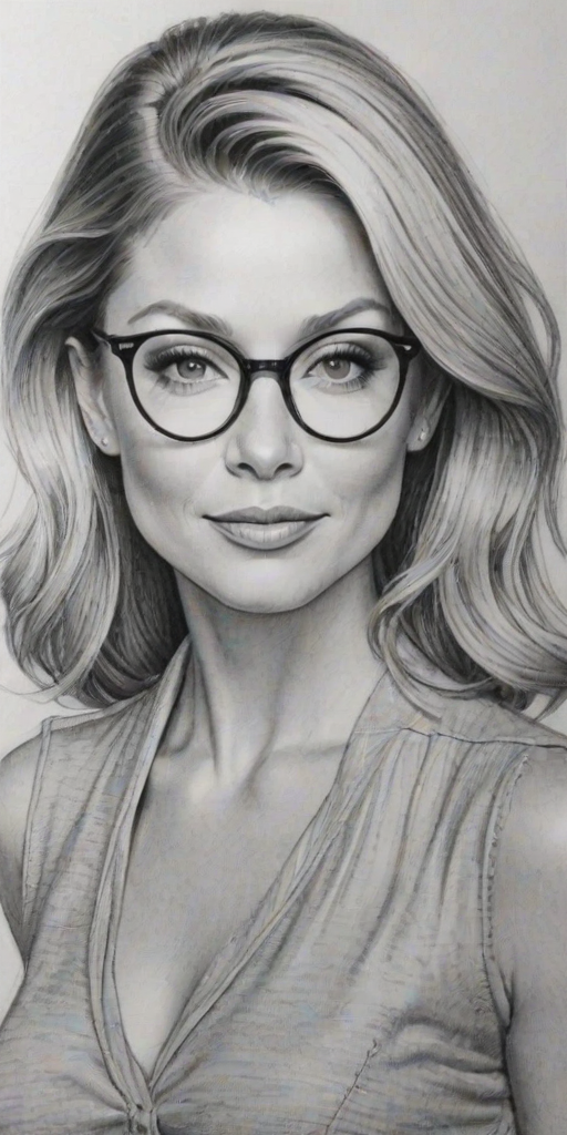 Captivating Kelly Ripa, pencil sketch, portrait of Radiant woman 1942s in glasses, hair style beatnik, outline, clear lines, fine lines, 8k