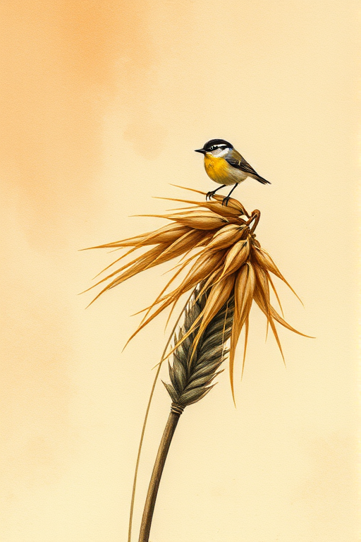 Soft, muted Alcohol Ink with ebru effect background image of tiny whimsical gazalle, who climbed high on the top of a golden rye ear.