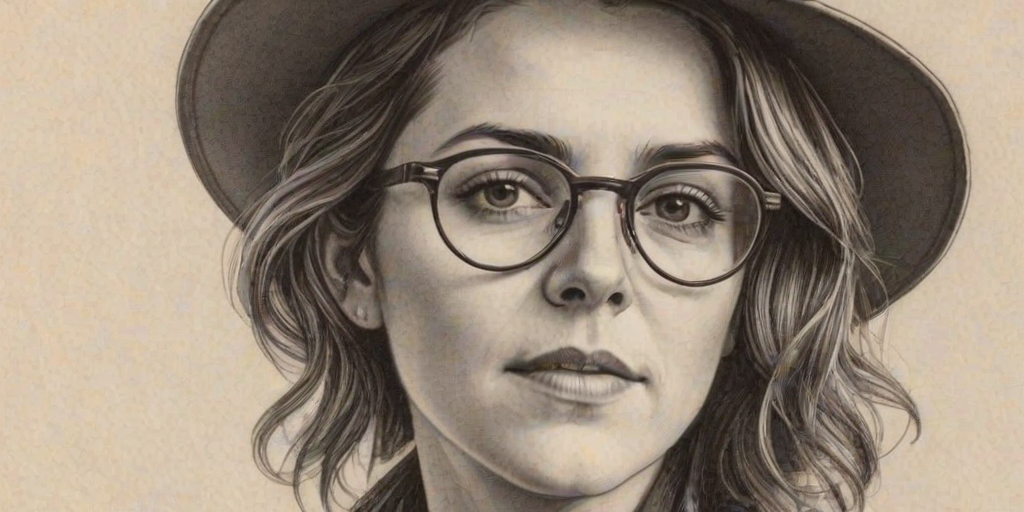 Superb Brandi Carlile, pencil sketch, portrait of Enchanting woman 1925s in glasses, hair style beatnik, outline, clear lines, fine lines, 8k