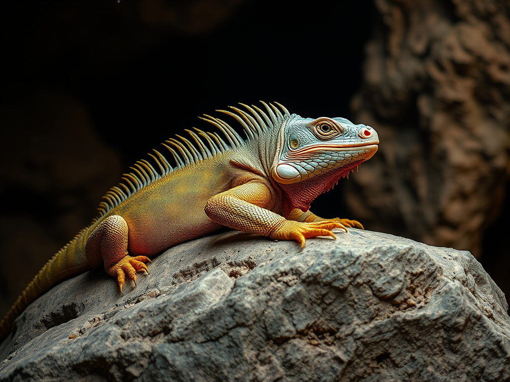 Capture a high-resolution image of a large iguana resting on a rock in a naturally lit cave setting, using a DSLR camera with a 50mm lens, aperture set to f/2.8 for shallow depth of field, ISO 200 for low noise, and a shutter speed of 1/125 sec to capture detail and texture.