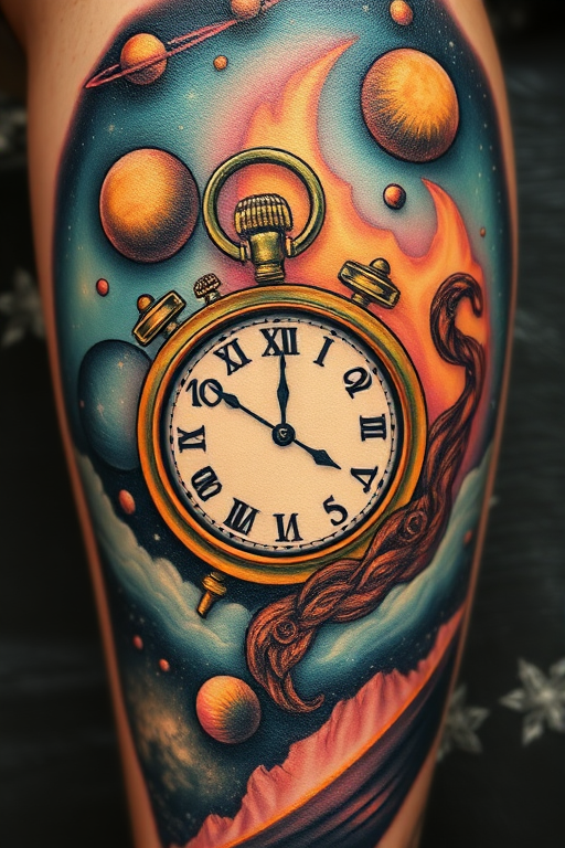 Surrealist tattoo blending dreamlike elements into a cosmic landscape, Salvador Dali-inspired melting clocks floating among celestial bodies, otherworldly color palette with metallic accents