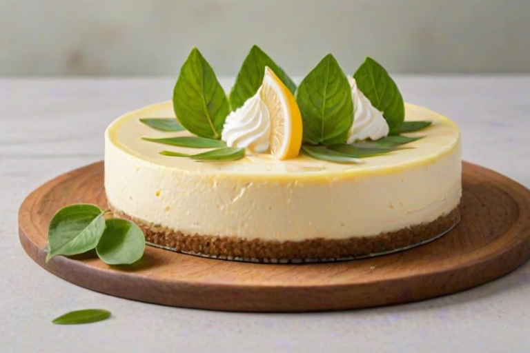 Generate an image of a lemon cheesecake with a graham cracker crust. The cheesecake is topped with lemon slices, whipped cream, and small green leaves for decoration. The setting should be simple and rustic, with a wooden serving board underneath the cake.