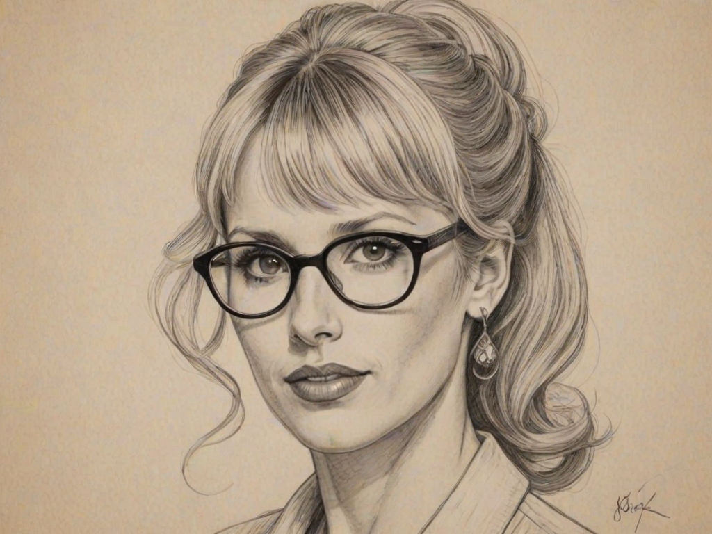 Magnificent Lucy Punch, pencil sketch, portrait of Magnificent woman 1951s in glasses, hair style beatnik, outline, clear lines, fine lines, 8k