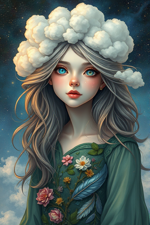 Create a series of imaginative portraits where each subject is infused with elements of fantasy and nature. The hair of the individuals should flow like clouds, varying from soft, fluffy cumulus to wispy cirrus strands, with hints of color reflecting a sunset or a clear blue sky. The eyes should be windows to entire galaxies, with stars, nebulae, and distant planets visible within them. Clothing should be adorned with nature motifs, such as floral patterns that bloom and change, vines that seem to grow and wrap around, or feathers that shimmer with iridescence. Each portrait should capture a unique personality, blending human features with the ethereal beauty of the natural and cosmic world. The backgrounds can vary, from starry night skies to enchanted forests, adding depth and context to the magical realism of the portraits