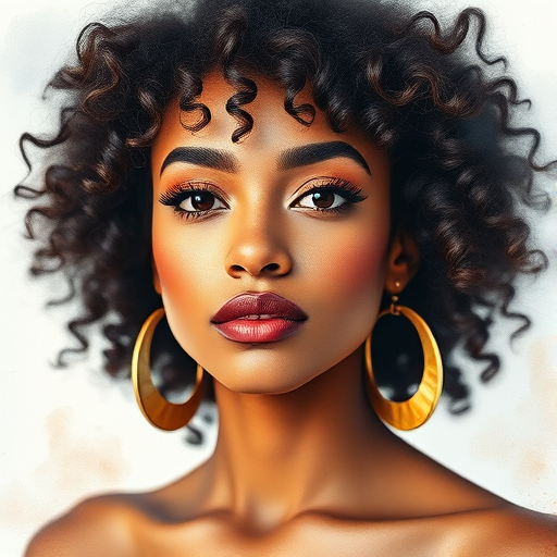 Generate a high-resolution portrait of a woman with curly hair and large earrings, soft diffused lighting, shallow depth of field, shot with a 50mm lens at f/1.8, ISO 100, using a DSLR camera in a watercolor painting style with vibrant colors and a textured background.