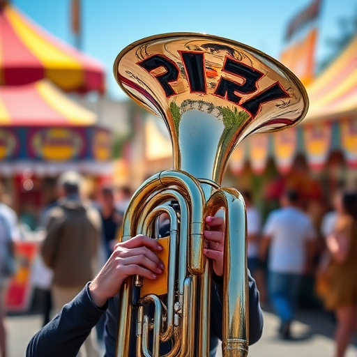 street photography of a person playing a tuba at a fair with colorful background, sunny day, shallow depth of field, ISO 100, f/2.8, 1/500s, 35mm lens, DSLR camera