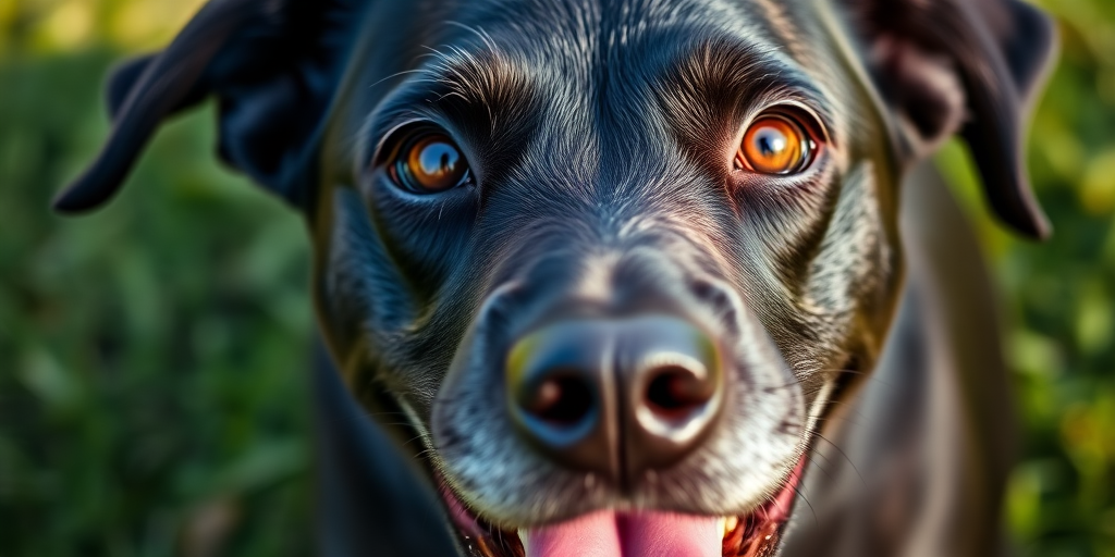 Close-up portrait of a happy black dog with bright brown eyes, outdoors with blurred green grass background, natural lighting, aperture f/2.8, shutter speed 1/250s, ISO 200, DSLR camera, portrait mode.