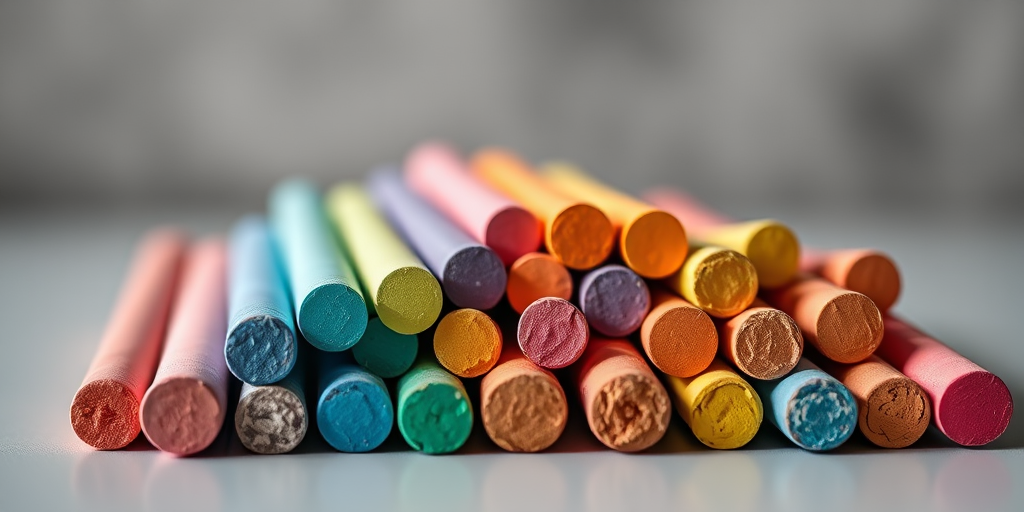 High-resolution image of colorful cylindrical chalk pieces arranged on a smooth surface, natural light, close-up view, DSLR camera settings: f/4, ISO 100, shutter speed 1/125 sec, soft focus background, vibrant colors.