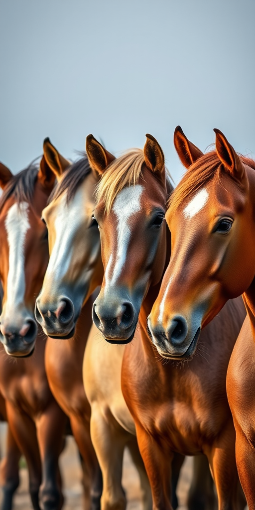 Create a high-resolution image of various horse breeds in a lineup with realistic proportions, using a Canon EOS R5 camera, a 50mm f/1.8 lens, aperture set to f/8, ISO 100, 1/200s shutter speed, taken from a slightly elevated viewpoint to capture details and textures in a well-lit environment.