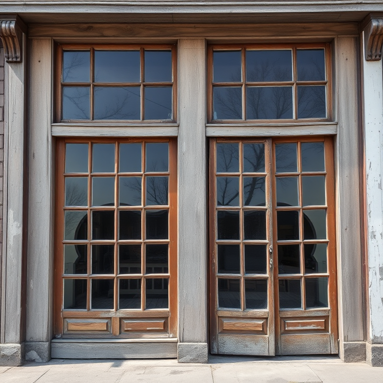 an old wooden storefront with large glass windows, weathered walls, and peeling paint, captured in natural light, ISO 100, aperture f/8, shutter speed 1/125, 24mm lens, wide-angle shot using a DSLR camera