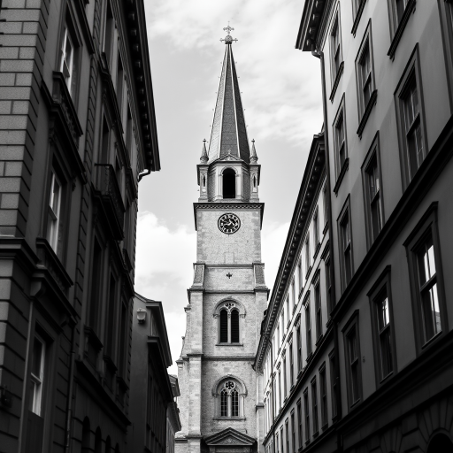 High-resolution black and white photograph of a church tower framed by historic buildings, captured with a Canon EOS 5D Mark IV, using a 24mm f/2.8 lens, aperture set to f/8, ISO 100, and shutter speed at 1/125 sec, with a straight-on view for enhanced depth and contrast.