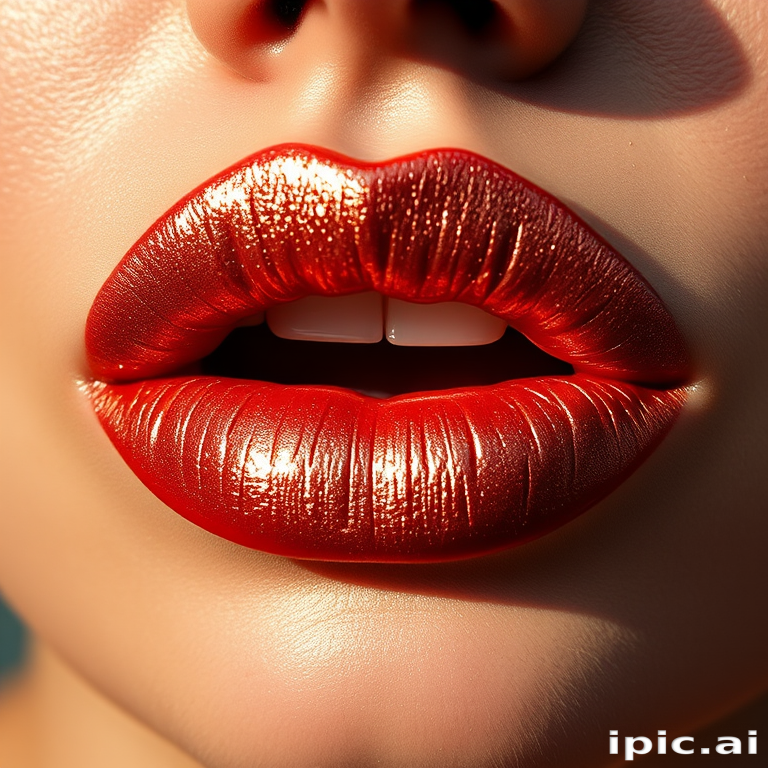 Sultry woman lips featuring a shimmering rose gold metallic shade, multidimensional and eye-catching, soft and pillowy, catching the light beautifully