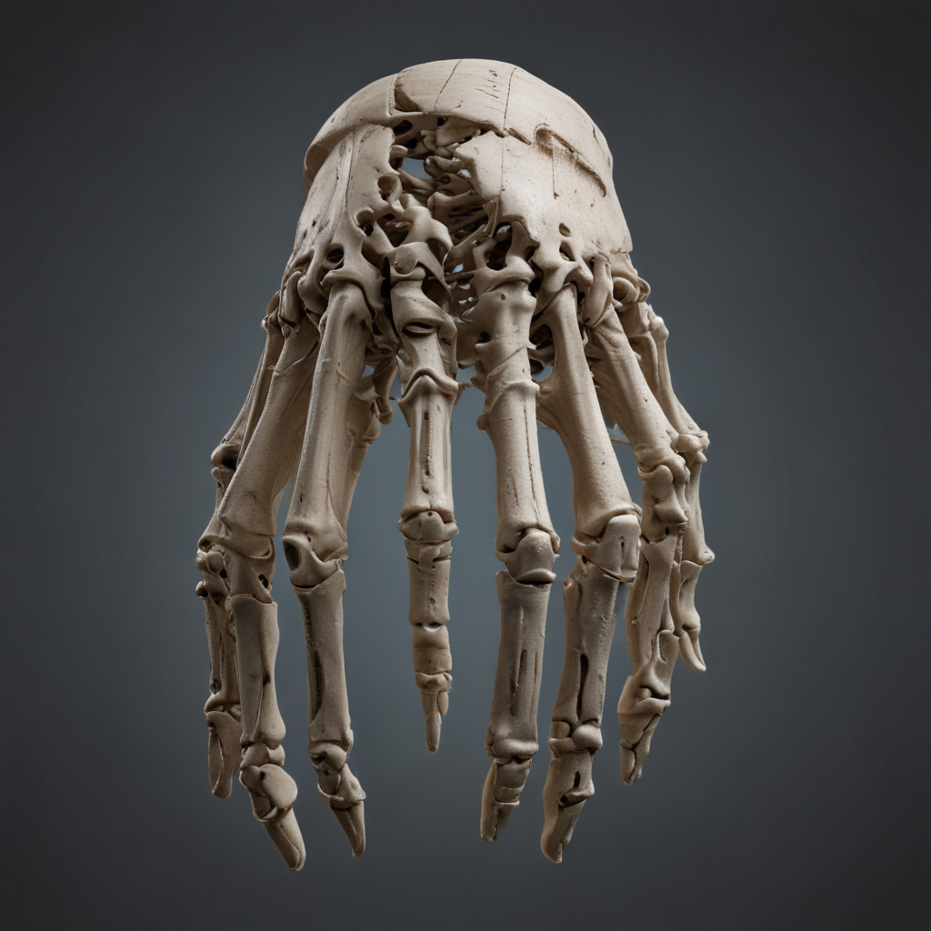 Intricate Display of a Human Hand Skeleton Against a Dark Background