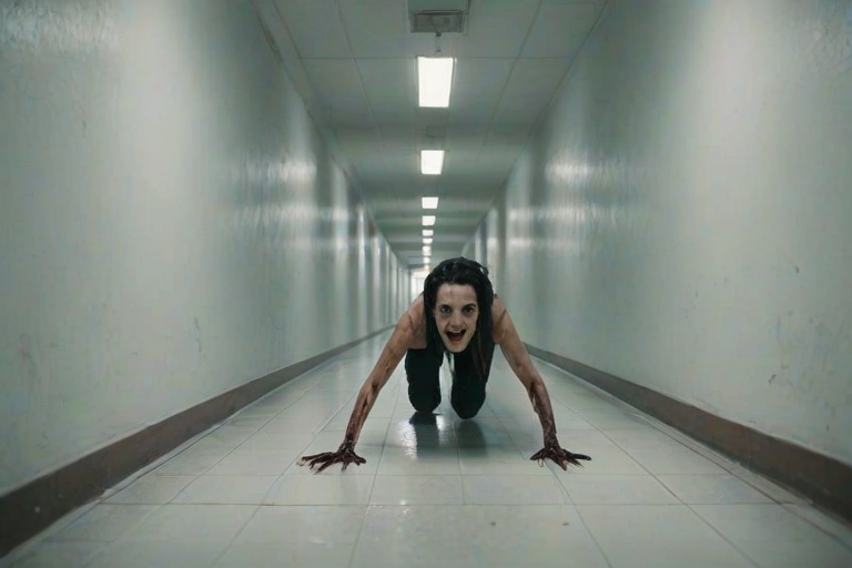 a crooked female with long arms and a creepy smile is crawling along a long white corridor and you can also see cockroaches in it there is a creepy atmosphere creepy art style