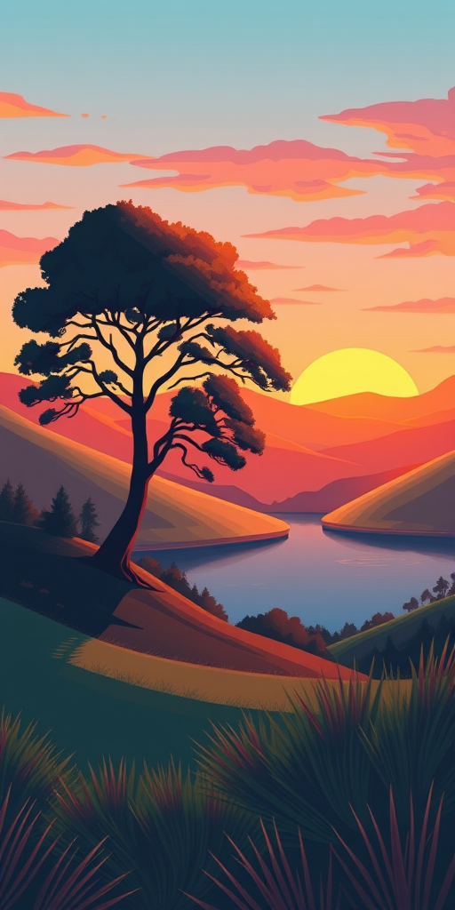 Create a vibrant landscape illustration featuring rolling hills, a large stylized tree, and a serene lake with sunset colors, using soft gradients and vector art style, captured with a Canon EOS R5, 50mm lens at f/2.8, ISO 100, and a wide-angle perspective to enhance depth and color saturation.