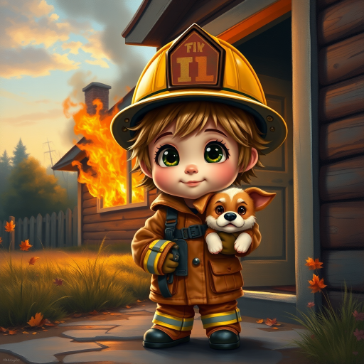 airbrushed oil painting, pixar style, cute little girl in fireman gear, helmet, tousled hair, expressive eyes, standing in the doorstep of a cottage burning behind him, holding a cute little dog in her arm, atumn sky