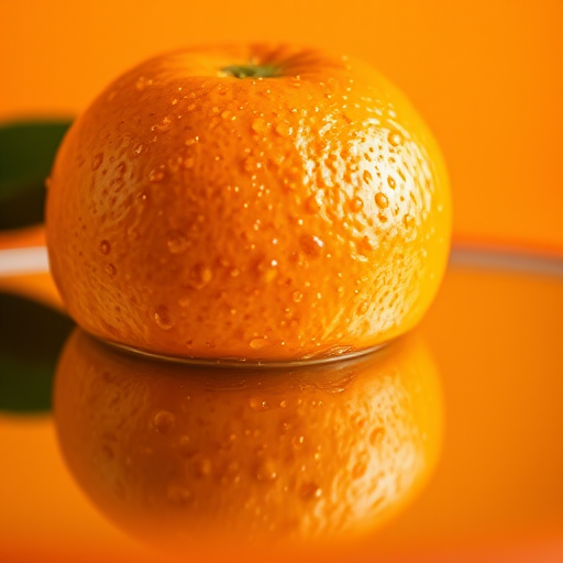 Capture a close-up of a fresh orange with droplets of water on its surface, reflected in a mirror on a softly blurred orange background, using a DSLR camera with a 50mm lens, aperture set to f/2.8 for shallow depth of field, ISO 100, and natural lighting.