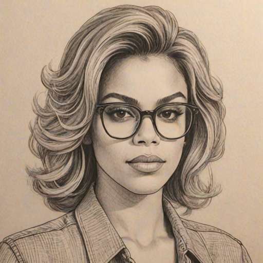 Charming Dinah Jane, pencil sketch, portrait of Superb woman 1980s in glasses, hair style beatnik, outline, clear lines, fine lines, 8k