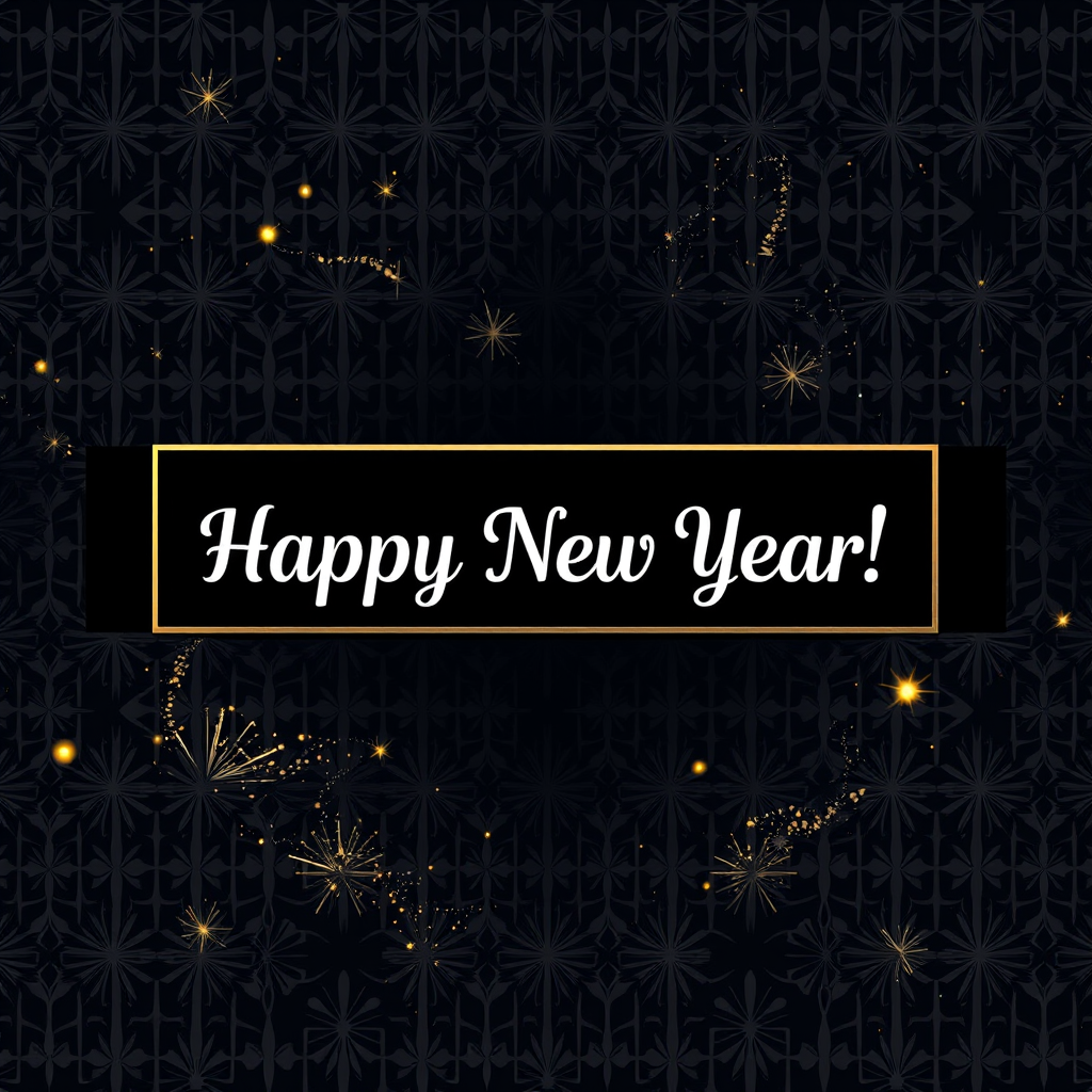 Create an elegant New Year greeting card with a dark patterned background featuring gold and silver sparkles, a central banner with "Happy New Year!" in an Art Deco font, shot with a DSLR camera at f/2.8, ISO 100, 50mm lens, and soft focus to enhance the glow of the sparkles.