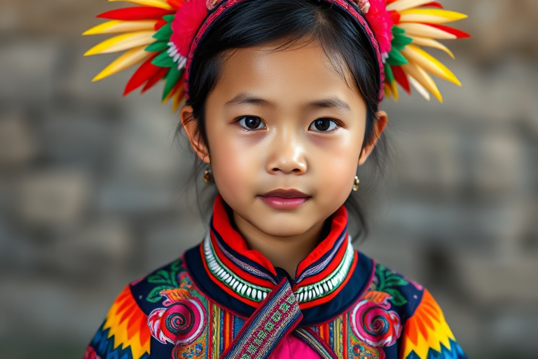 A beautiful Miao girl, wearing colorful bird clothing with vibrant colors