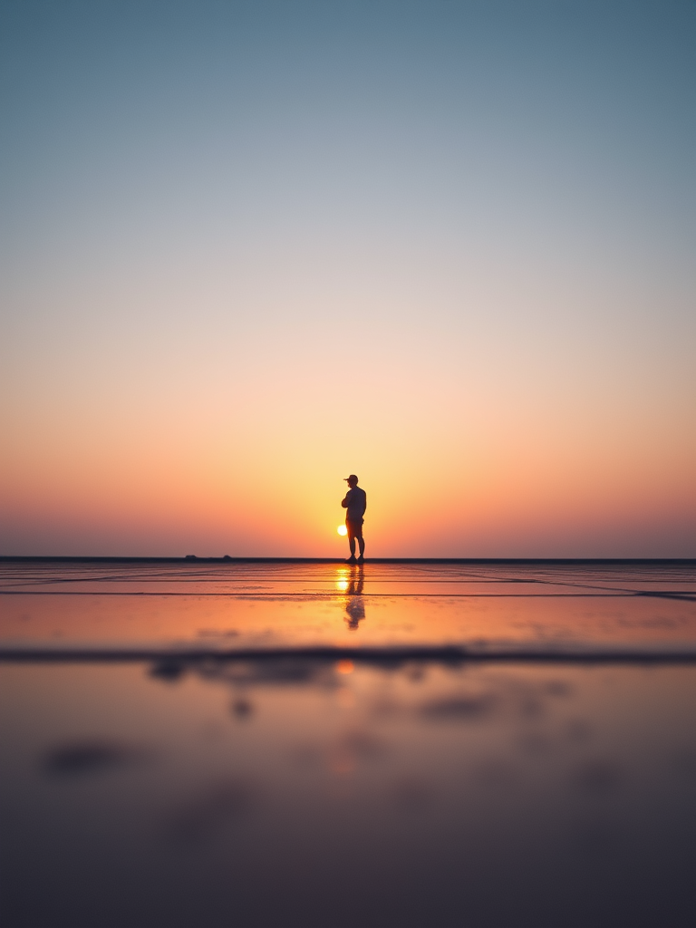 Capture a solitary figure standing on a reflective surface with a clear sky in the background at sunset, using a Canon EOS R5 camera with a 50mm lens, aperture set to f/1.8, ISO 100, shutter speed 1/200s, shot from a low angle to emphasize the reflection and depth of field, in a minimalist style.