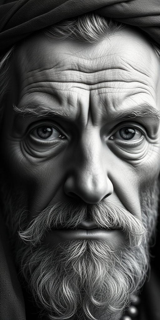 A detailed portrait of a historical figure with a serene expression, high contrast black and white, taken with a DSLR camera, 50mm lens, f/1.8 aperture, ISO 100, shallow depth of field, soft lighting to enhance facial features.