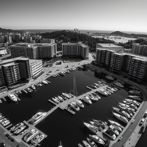 Generate a high-contrast black and white image of a marina surrounded by modern buildings with boats docked, shot with a DSLR camera at f/8 aperture, ISO 200, 24mm lens, from a high vantage point to capture a panoramic view with sharp details and enhanced textures.