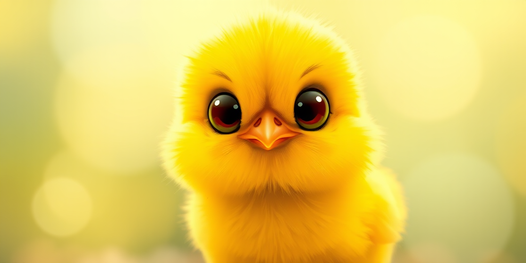 Create a vibrant illustration of a cute, round yellow chick with large, expressive eyes, set against a softly blurred background for depth; use a Canon EOS R5 with a 50mm f/1.2 lens, aperture set to f/2.8 for a shallow depth of field, ISO 100, and a soft natural lighting setup.