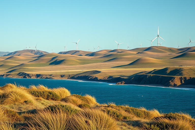 Capture a serene coastal landscape with rolling hills and wind turbines in the background, using a Canon EOS R5, 24-70mm lens at f/8, ISO 100, 1/250s, wide-angle view, with soft natural lighting to enhance image quality.